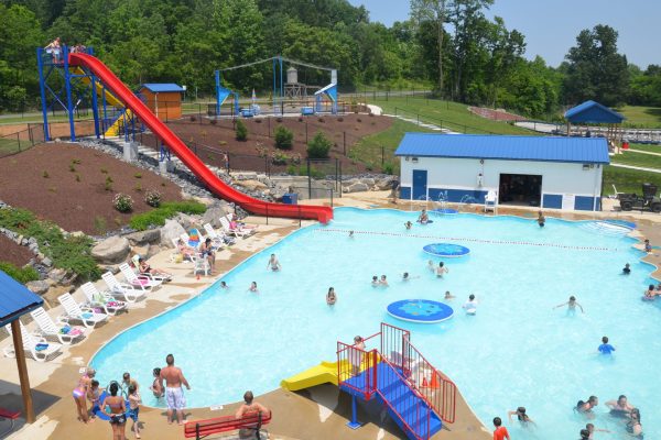 water slide and splash pool